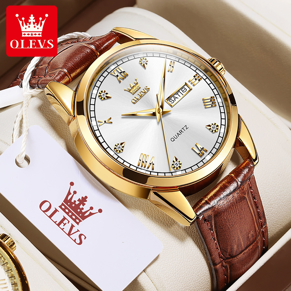 Leather Watch Band Men - OLEVS 6896 Reloj de cuarzo para